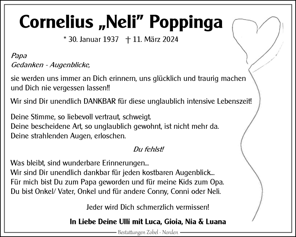  Traueranzeige für Cornelius ^^^^ Poppinga vom 23.03.2024 aus Ostfriesischer Kurier GmbH